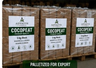 Labelled cocopeat blocks palletised for export